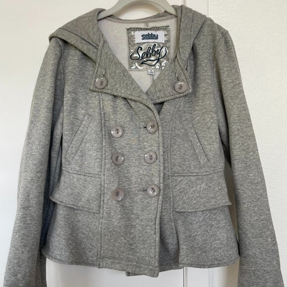 Sebby Gray Hooded Pea Coat Jacket, Double Breasted, Front Pockets Size Small - Picture 1 of 5